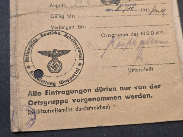 Rare WW2 German 1943-44 Third Reich NSDAP Wuppertal Fliegergeschädigte Air Raid Victim ID Card