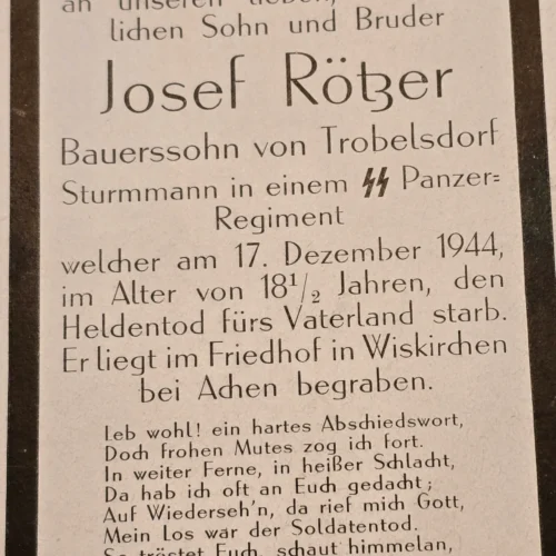 Rare WW2 German 1944 SS Panzer Regiment Josef Rötzer 18 Year Old Aachen Death Card