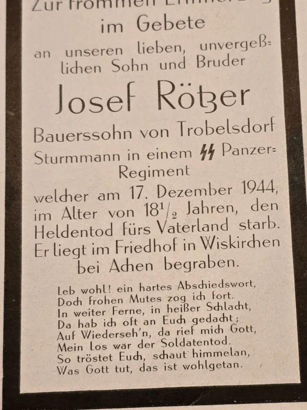 Rare WW2 German 1944 SS Panzer Regiment Josef Rötzer 18 Year Old Aachen Death Card