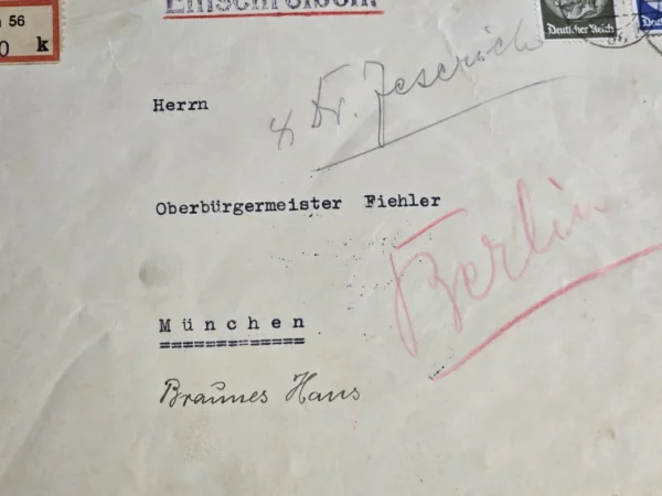 RARE WW2 German NSDAP Heinrich Hoffmann Cover to Munich Mayor Karl Fiehler Brown House!