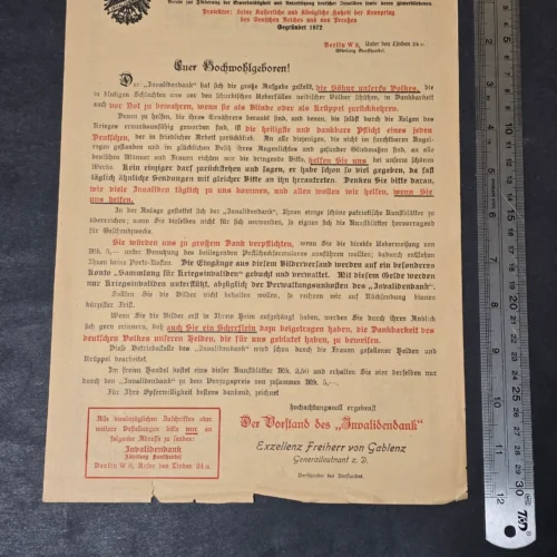 RARE WWI German Invalidendank Charity Appeal Document Berlin 1915 War Veterans