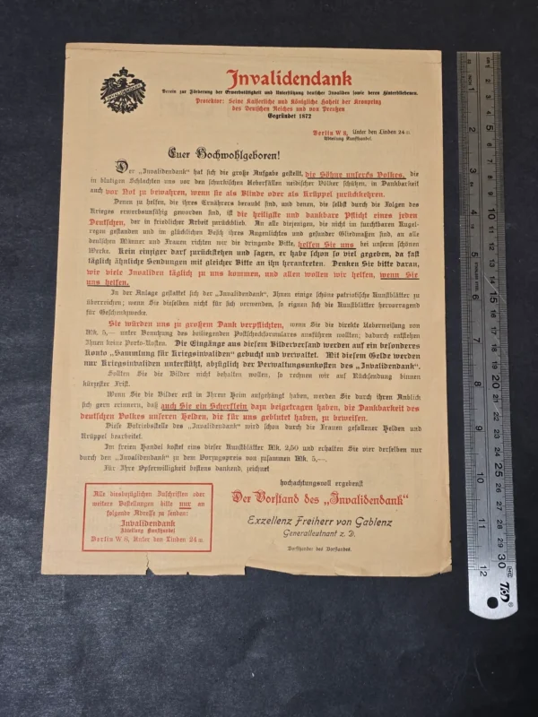 RARE WWI German Invalidendank Charity Appeal Document Berlin 1915 War Veterans