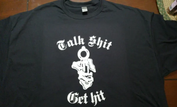 Support your local outlaws T shirt Talk Shit get hit skeleton hand with Gun SYLO