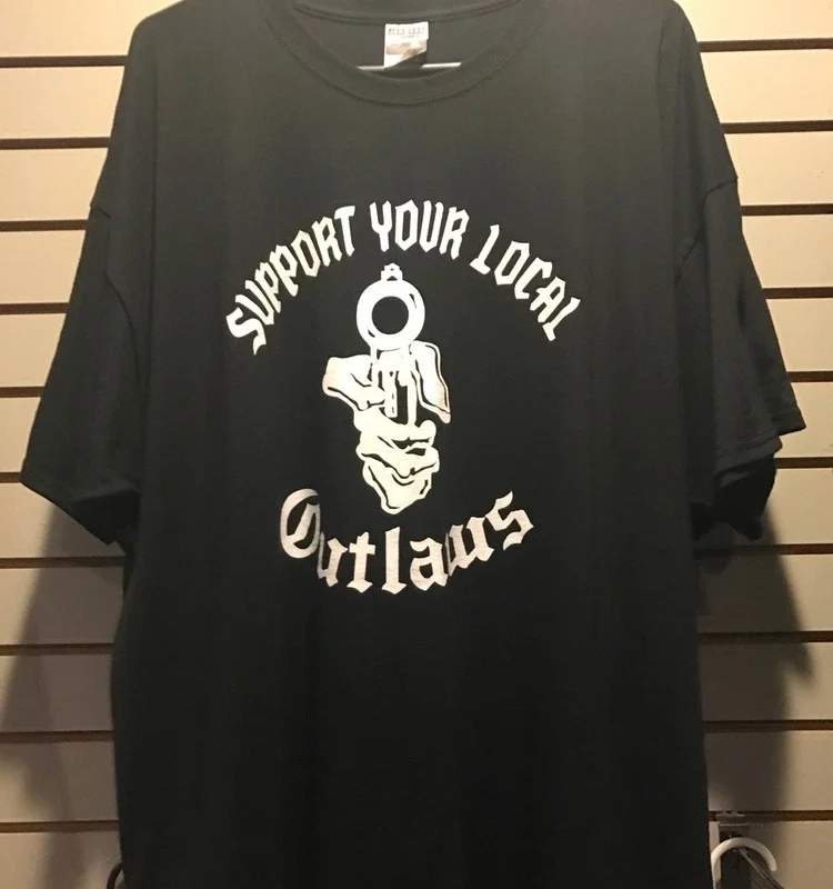 Support your local outlaws T shirt Skeleton hand with Gun SYLO