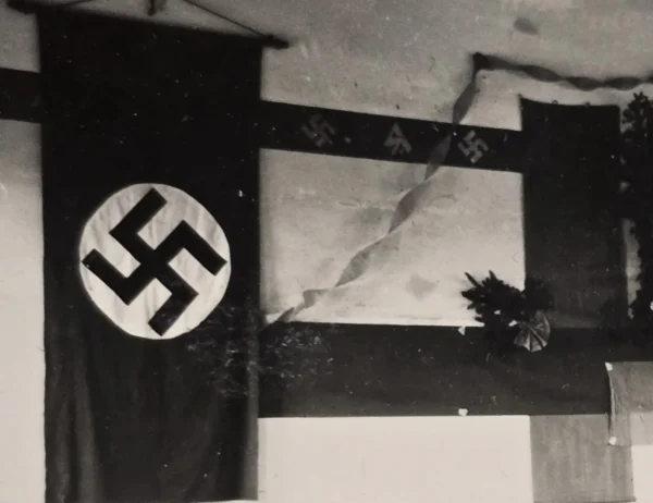 SA Stormtroopers Room w Swastika Flags Banners SA Logos WW2 German Photo
