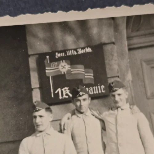 Swastika Battle Flag Enamel Sign Wehrmacht soldiers pose WW2 German Third Reich Era Photo