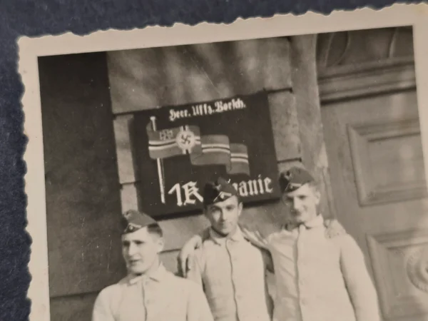 Swastika Battle Flag Enamel Sign Wehrmacht soldiers pose WW2 German Third Reich Era Photo