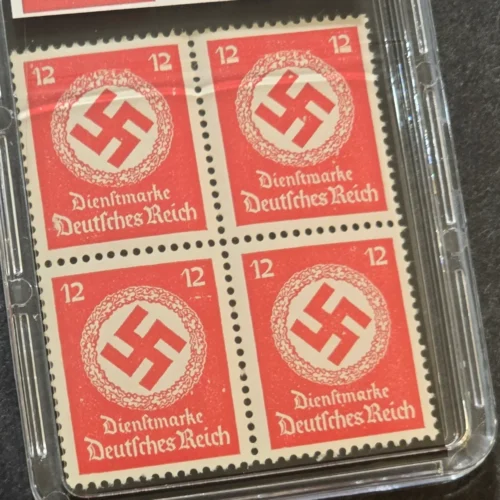 SWASTIKA OFFICIALS Stamps Block x 4 w Hard Slab Case WW2 Nazi German Third Reich NSDAP Government Use Postage