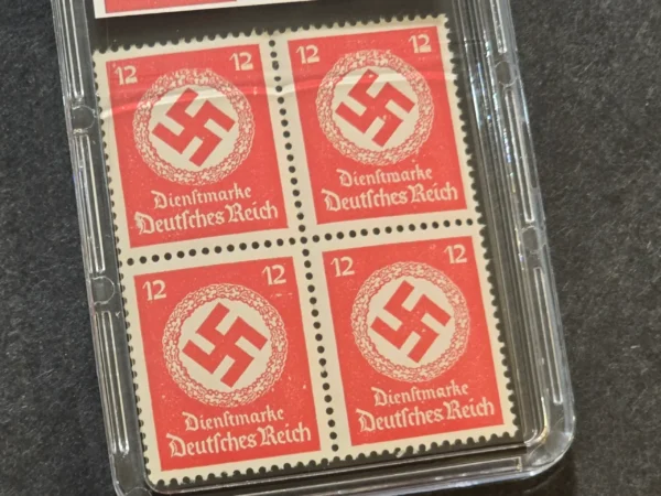 SWASTIKA OFFICIALS Stamps Block x 4 w Hard Slab Case WW2 Nazi German Third Reich NSDAP Government Use Postage