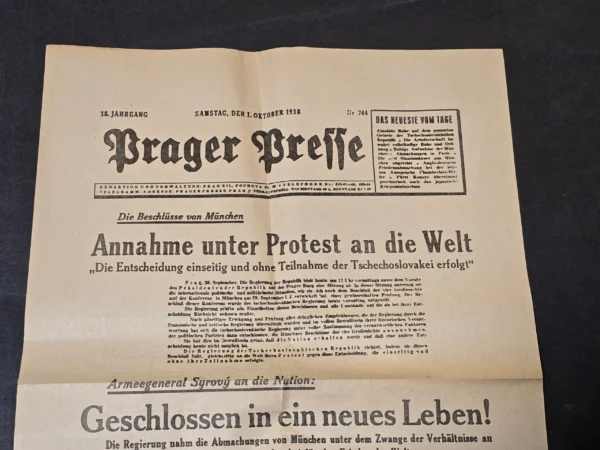 Third Reich German 1938 Prager Presse Newspaper Munich Agreement Sude Crisis Czechoslovakia