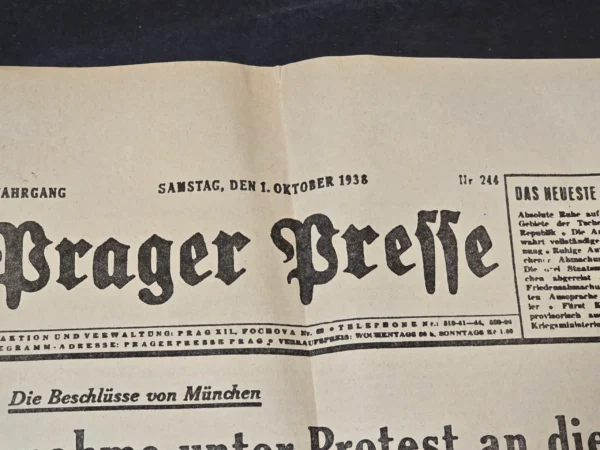 Third Reich German 1938 Prager Presse Newspaper Munich Agreement Sude Crisis Czechoslovakia