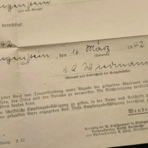 Third Reich WWII German Certificate for Purchase of Mourning Clothes 1942 Document