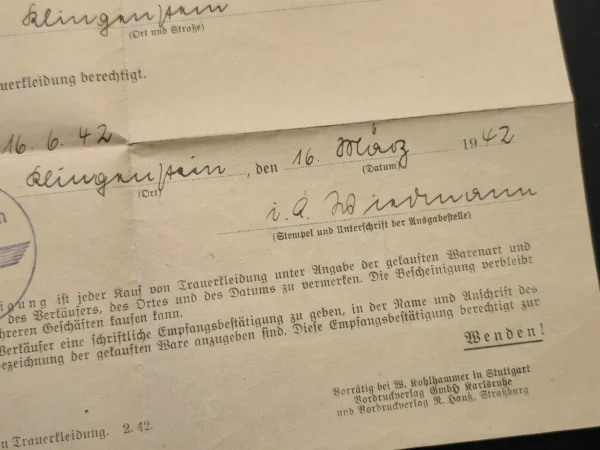 Third Reich WWII German Certificate for Purchase of Mourning Clothes 1942 Document