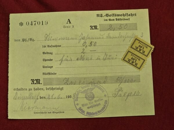 tr1-8d6da93.jpg Nazi German Third Reich 1938 NS-Volkswohlfahrt (NSV) Gau Düsseldorf Receipt w Attached Contribution Stamps