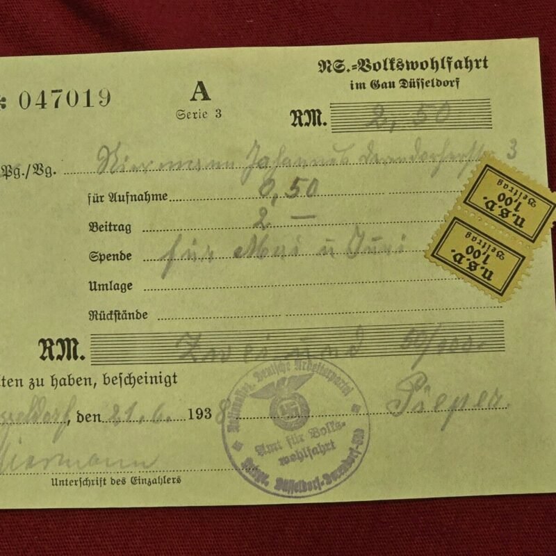 tr1-8d6da93.jpg Nazi German Third Reich 1938 NS-Volkswohlfahrt (NSV) Gau Düsseldorf Receipt w Attached Contribution Stamps