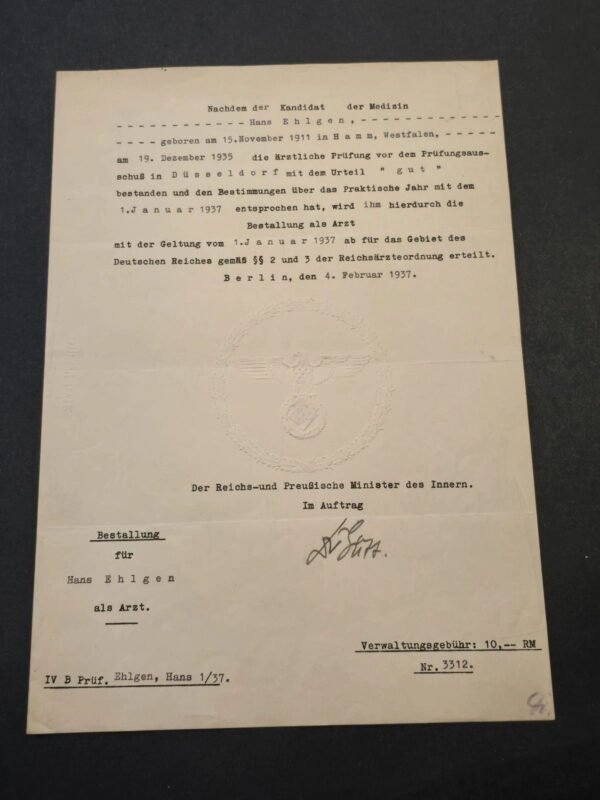 tr1-9ee2dd5.jpg 1937 German Third Reich Doctors Certificate Physician Document Berlin Embossed swastika Eagle Stamp
