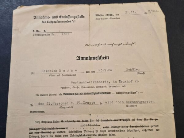 tr2-418abb0.jpg RARE WWII German Young 18 y/o Luftwaffe Acceptance Certificate Document 1942 Flieger Truppe
