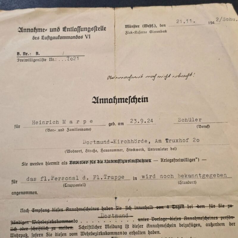 tr2-418abb0.jpg RARE WWII German Young 18 y/o Luftwaffe Acceptance Certificate Document 1942 Flieger Truppe