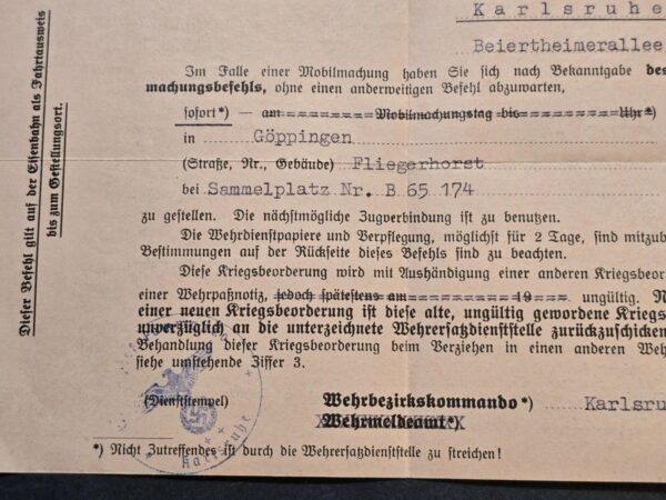 tr2.jpg WWII German Reserve Officer Mobilization Order Document 1939 Luftwaffe Airbase Karlsruhe