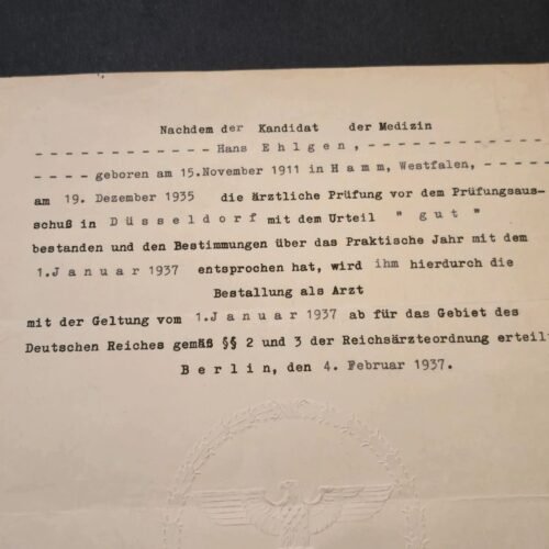 tr2-ee62746.jpg 1937 German Third Reich Doctors Certificate Physician Document Berlin Embossed swastika Eagle Stamp