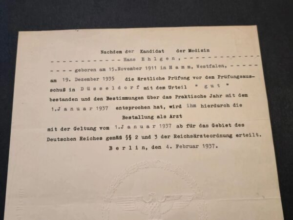 tr2-ee62746.jpg 1937 German Third Reich Doctors Certificate Physician Document Berlin Embossed swastika Eagle Stamp