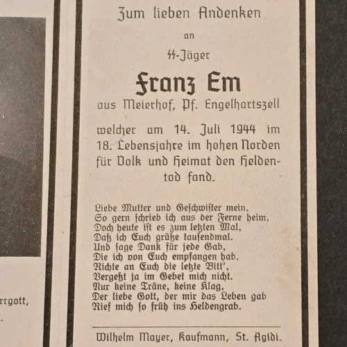 Very Rare WW2 German 1944 SS-Jäger Franz Em 18 Y/O Soldier SS Death Card Northern Front