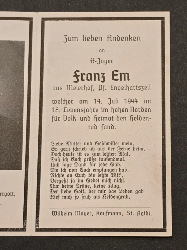 Very Rare WW2 German 1944 SS-Jäger Franz Em 18 Y/O Soldier SS Death Card Northern Front