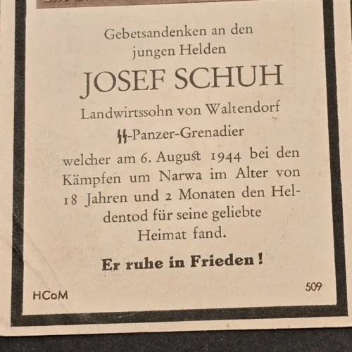 very-rare-ww2-german-1944-ss-panzer-grenadier-josef-schuh-18-year-old-narwa-death-card-02-0db78e42 Very Rare WW2 German 1944 SS Panzer Grenadier Josef Schuh 18 Year Old Narwa Death Card
