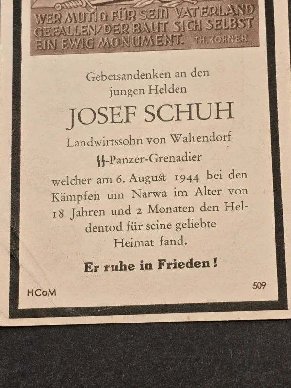 very-rare-ww2-german-1944-ss-panzer-grenadier-josef-schuh-18-year-old-narwa-death-card-02-0db78e42 Very Rare WW2 German 1944 SS Panzer Grenadier Josef Schuh 18 Year Old Narwa Death Card