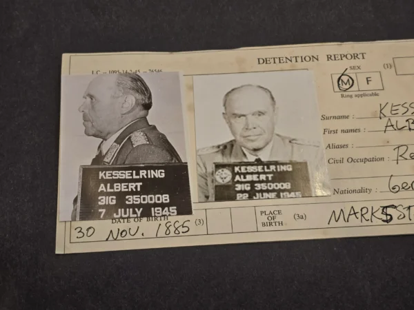 Vintage "Smiling" Albert Kesselring Detention Report Nuremberg Mugshot Photo Sheet WWII German Document