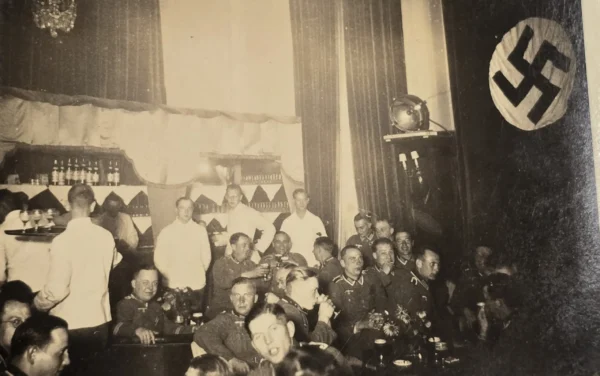 Wehrmacht Officers mess hall w Large Swastika Flag Banner WW2 German Third Reich NSDAP Photo
