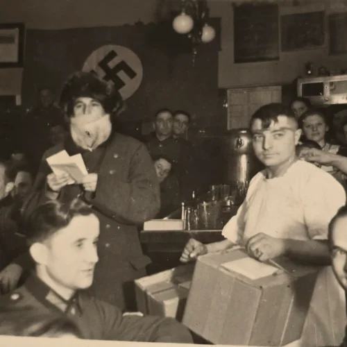 Wehrmacht Santa Claus w Swastika Flag Banner Barracks Photo WW2 German Third Reich Era