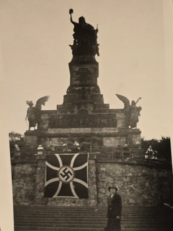 WW2 German 1936 Third Reich Photo Niederwald Monument w RKB Iron Cross Swastika Flag Banner