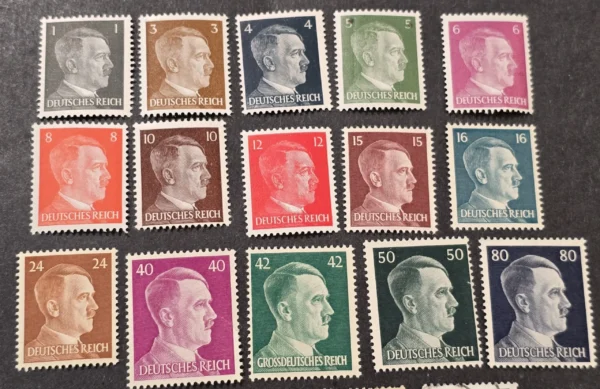 WW2 German 27 Stamp Third Reich Set MNH Hitler Heads & Swastika Official Stamp Sets + COA