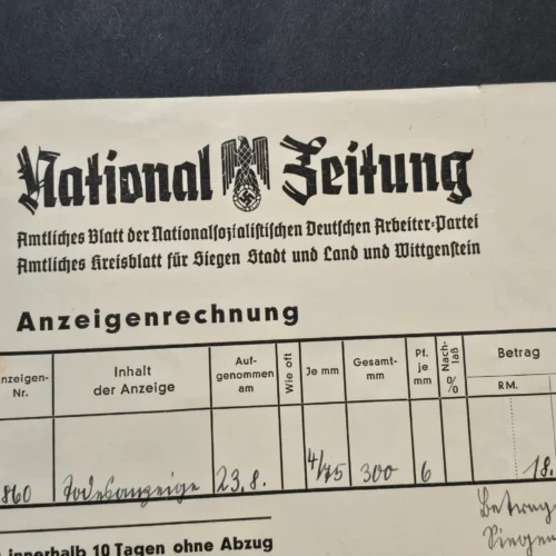 WW2 German Third Reich National Zeitung Newspaper Invoice Document 1941