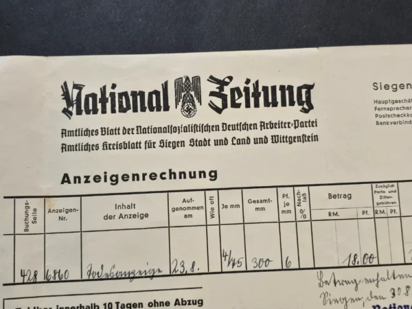 WW2 German Third Reich National Zeitung Newspaper Invoice Document 1941