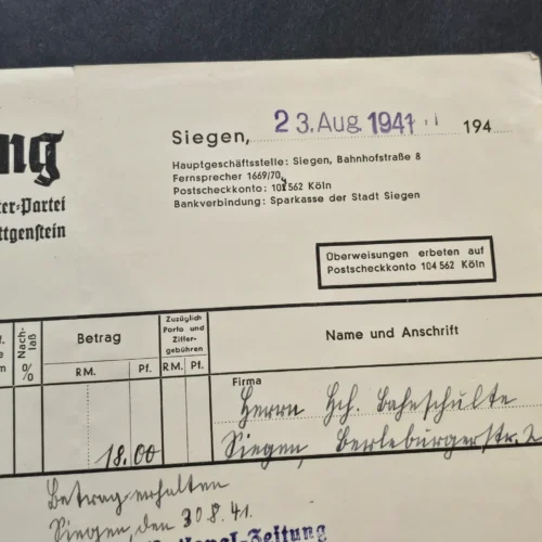 WW2 German Third Reich National Zeitung Newspaper Invoice Document 1941