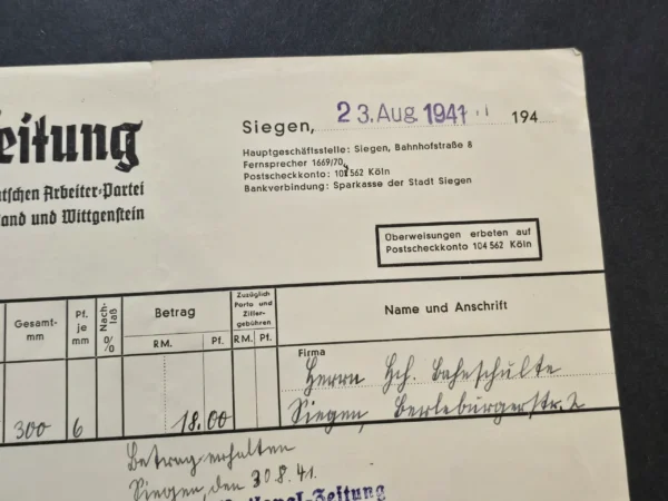 WW2 German Third Reich National Zeitung Newspaper Invoice Document 1941