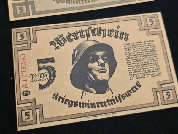 WW2 Nazi German Third Reich Steel Helmet Soldiers 5 Reichsmark Notgeld Currency Note x 2