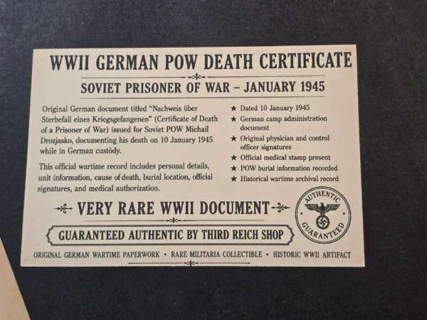 EXECUTION??!! WWII German Soviet POW Death Certificate 1945 Russian Prisoner War Document