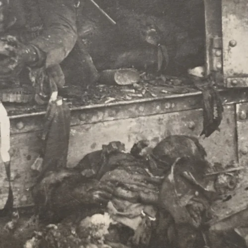 WWI German Bunker Death Photo Burned Soldiers Graphic Battlefield Scene Postcard