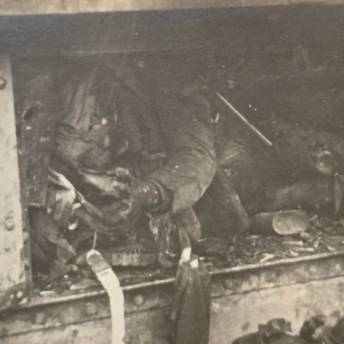 WWI German Bunker Death Photo Burned Soldiers Graphic Battlefield Scene Postcard