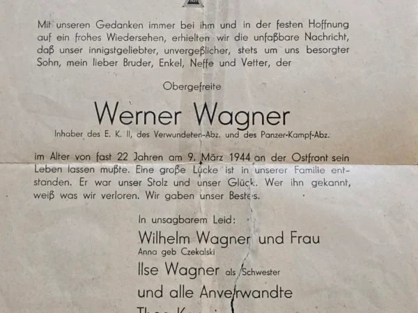 wwii-german-fallen-soldier-kia-eastern-front-death-notice-werner-wagner-ek2-panzer-badge-1-02-6a98a146 WWII German Fallen Soldier KIA Eastern Front Death Notice Werner Wagner EK2 Panzer Badge 1944