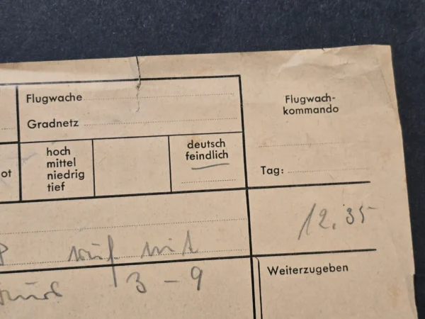WWII German Luftwaffe Flugwache Enemy Aircraft Observation Report Document 1941
