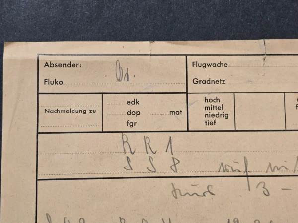 WWII German Luftwaffe Flugwache Enemy Aircraft Observation Report Document 1941