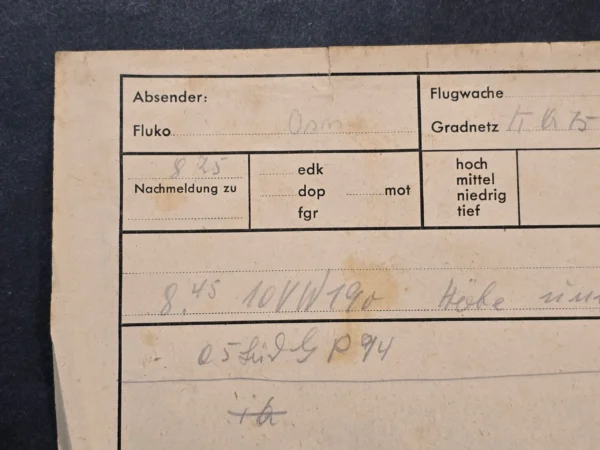 WWII German Luftwaffe Flugwache Enemy Aircraft Observation Report Document 1944