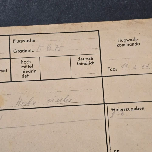WWII German Luftwaffe Flugwache Enemy Aircraft Observation Report Document 1944
