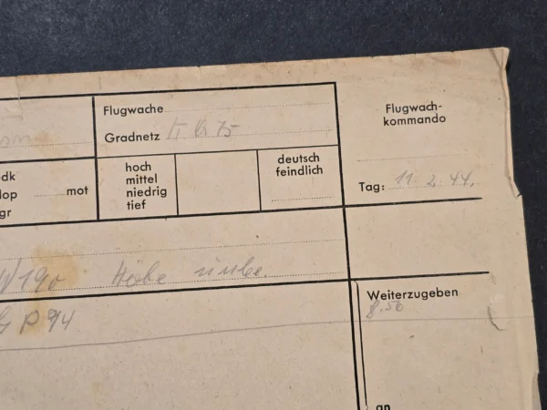 WWII German Luftwaffe Flugwache Enemy Aircraft Observation Report Document 1944