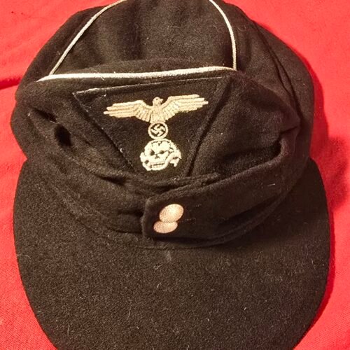 WWII German SS M43 Field Cap Hat Black Panzer Style Totenkopf Deaths Head Skull Eagle Triangle Insignia