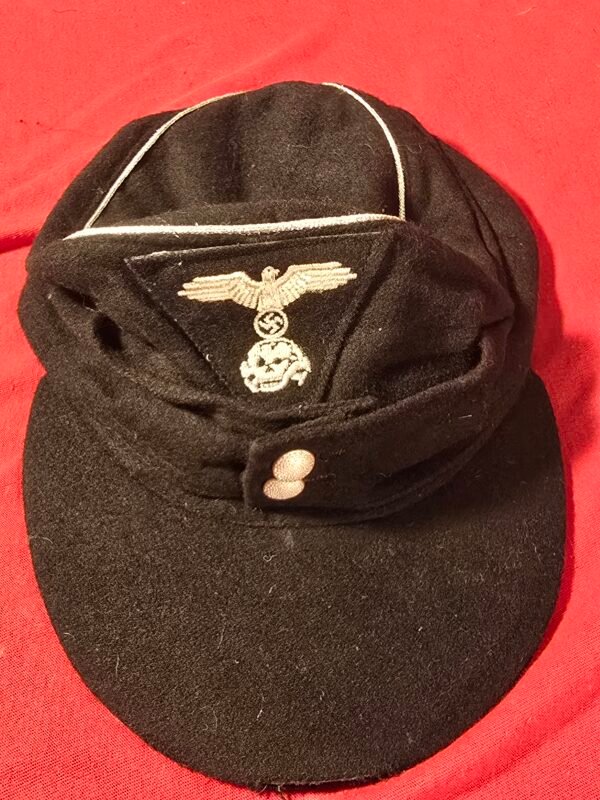 WWII German SS M43 Field Cap Hat Black Panzer Style Totenkopf Deaths Head Skull Eagle Triangle Insignia